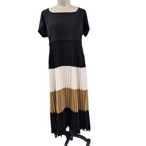 NWT $158. KARL LAGERFELD PARIS pleated skirt dress Blk/Tan/Cream Sz L